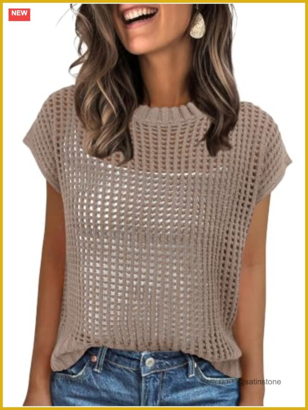 Crochet Knit Sweater Vest Cap Sleeve Loose Fit Summer Coverup